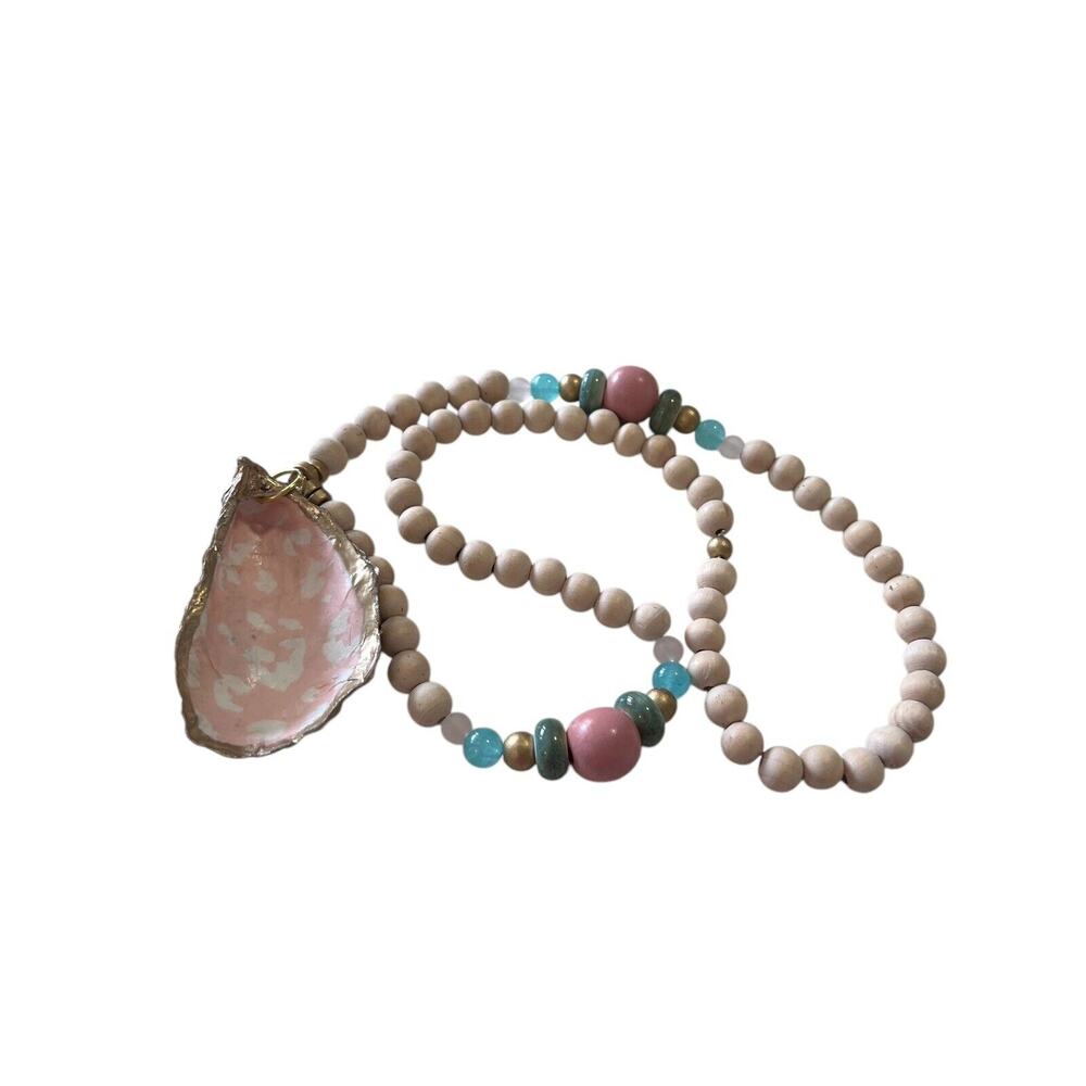 Painted Oyster Shell Pendant Necklace Wood Bead 30” Pastel Coastal Beach Preppy